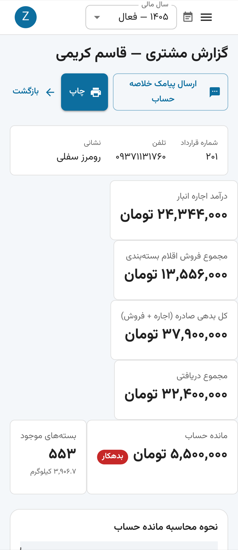 گزارش مشتری روی موبایل: کارت‌های مالی، ماندهٔ حساب و دکمهٔ ارسال پیامک خلاصهٔ حساب.